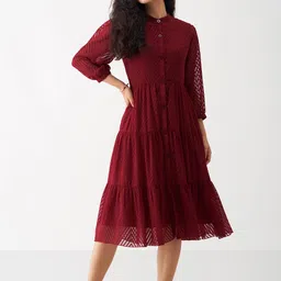 AASK Chevron Printed Band Collar Puff Sleeve Tiered Fit & Flare Midi Dress-image-34
