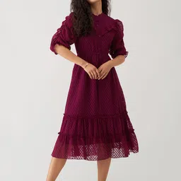 AASK Self Design Puff Sleeves Crepe Fit & Flare Midi Dress-picture-11
