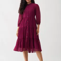 AASK Self Design Crepe A-Line Puff Sleeves Midi Dress With Shrug-picture-5