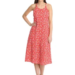 DODO & MOA Red Floral Halter Neck Crepe A-Line Midi Dress-image-60