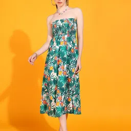DODO & MOA Green Floral Print Strapless Crepe A-Line Midi Dress-picture-49