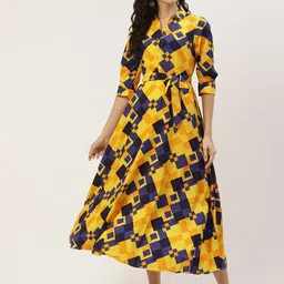 DressBerry Yellow Geometric Printed Shirt Collar Georgette Fit & Flare Dress-picture-11