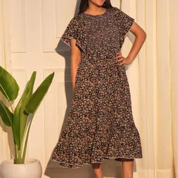 White World Girls Floral Printed Crepe A-Line Midi Dress-image-36