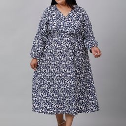 sindrellastorie Plus Size V Neck Floral Printed Crepe A-Line Midi Dress-19