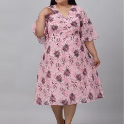 sindrellastorie Plus Size V Neck Floral Printed Crepe A-Line Midi Dress-21