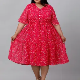 sindrellastorie Plus Size V Neck Floral Printed Crepe A-Line Midi Dress-18