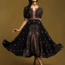 Ritu Kumar Ethnic Motifs Print Crepe A-Line Midi Dress-image-24
