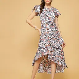 Oomph! Floral Printed Ruffled Flutter Sleeves A-Line Dress-image-16