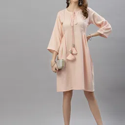 KALINI Tie Up Neck Three-Quarter Sleeves A-Line Midi Dress-image-67