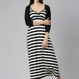 SHOWOFF Striped Printed Monochrome Gathered Details A-Line Midi Dress With Shrug-image-38