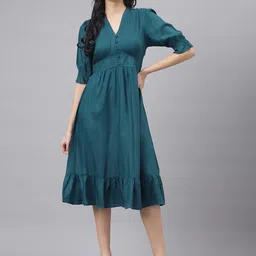 Latin Quarters V-Neck Puff Sleeves Fit & Flare Midi Dress-picture-32