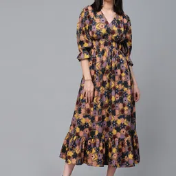 Style Quotient V-Neck Floral Printed Ruched Fit And Flare Midi Dress-image-94