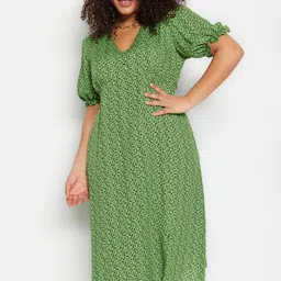 Trendyol Plus Size Floral Printed Puff Sleeve A-Line Midi Dress-55