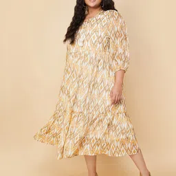 max Plus Size Geometric Printed Tie-Up Neck Puff Sleeve Tiered A-Line Midi Dress-46
