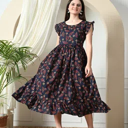 DECKEDUP Women Floral Print Flutter Sleeve A-Line Midi Dress-picture-11