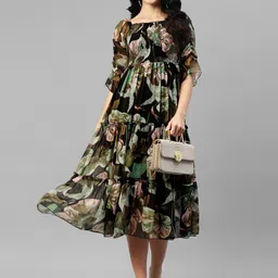 DEEBACO Floral Printed Chiffon Smocked Tiered Fit And Flare Midi Dress-61
