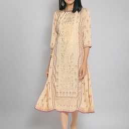 AURELIA Women Beige & Gold-Toned Ethnic Motifs A-Line Midi Dress-6