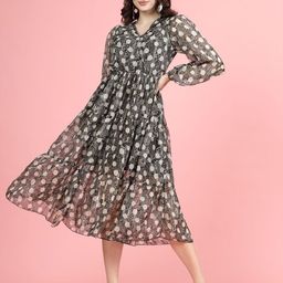 plusS Floral Print Shirt Collar Puff Sleeve A-Line Midi Dress-image-81