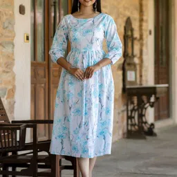 Nayo Round Neck Floral Print A-Line Cotton Midi Dress-image-3
