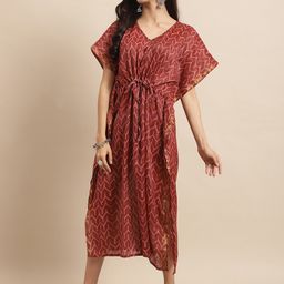 KALINI Geometric Printed Gathers Detailed Silk Kaftan Dress-45