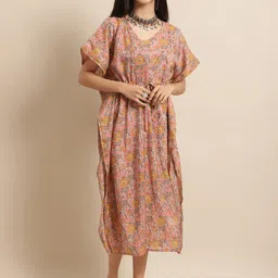 KALINI Orange Floral Print Kaftan Midi Ethnic Dress-41