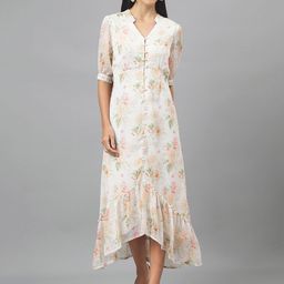 Latin Quarters Mandarin Collar Puff Sleeves Floral Print A-Line Midi Dress-image-76