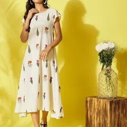 InWeave White Floral Print A-Line Midi Dress-19