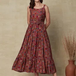 FASHOR Ethnic Motifs Shoulder Strap Tie-Ups Pleated Midi Ethnic Dress With Belt-17