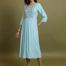 Vishudh Blue Floral Printed Gathered Cotton Fit and Flare Midi Dress-image-37