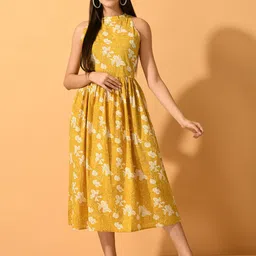 Myshka Floral Printed Fit and Flare Midi Cotton Dress-image-67