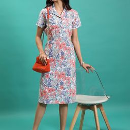 Tokyo Talkies White Floral Printed Lapel Collar Short Sleeves A-Line Midi Dress-image-61