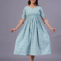SARAI CREATIONS Ethnic Motifs Cotton Midi Fit & Flare Dress-image-78