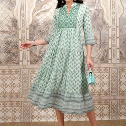 Vishudh Green Floral Printed Mandarin Collar Embroidered Tiered Fit & Flare Ethnic Dress-image-15