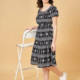 YU by Pantaloons Geometric Printed Puff Sleeves Tiered A-Line Midi Dress-image-53