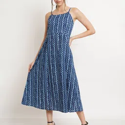 KALINI Chevron Printed Shoulder Straps Cotton A-Line Midi Dress-picture-15