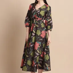 JAINISH Black Floral Printed Midi A-line Dress-image-33