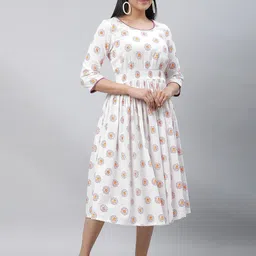 AURELIA Floral Printed Round Neck Smocked Pure Cotton Fit & Flare Midi Dress-image-62