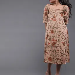 Aks Kids Girls Floral Printed Square Neck Cotton A-Line Midi Dress-image-96