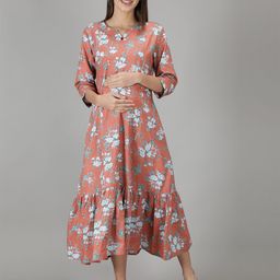 NIGHTSPREE Peach-Coloured Floral Cotton Maternity And Feeding A-Line Midi Dress-image-77