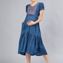 NIGHTSPREE Yoke Design Embroidered Maternity Fit & Flare Midi Dress-image-47