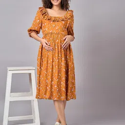 Mine4Nine Floral Print Puff Sleeves Maternity A-Line Midi Dress-picture-40