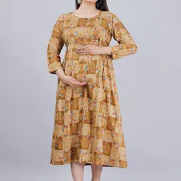 KALINI Floral Printed Round Neck Maternity A-Line Midi Dress-46