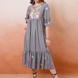 Vishudh Grey Floral Embroidered Round Neck Fit & Flare Midi Dress-image-2