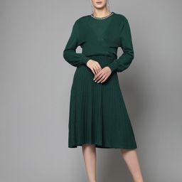 Mafadeny Self Design Round Neck Cuffed Sleeves Embellished A-Line Dress-image-4