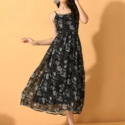 KALINI Floral Printed Shoulder Straps Georgette Fit & Flare Dress-image-67