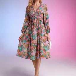 Kotty Pink & Green Floral Printed Puffed Sleeves Satin Empire Midi Dress-image-68