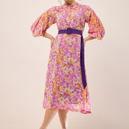 Antheaa Purple Floral Print Mandarin Collar Puff Sleeve Chiffon Fit & Flare Midi Dress-image-91
