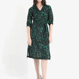 RAREISM Abstract Print Linen A-Line Midi Dress-image-30
