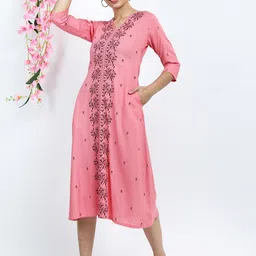 Vishudh Pink Floral Ethnic A-Line Midi Dress-image-91