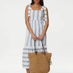 Marks & Spencer Striped Shoulder Strap Tie-Ups Cotton A-Line Midi Dress-picture-44